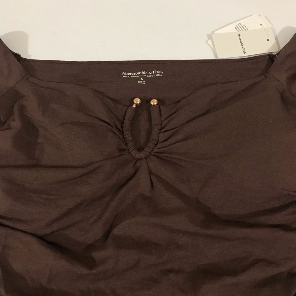 NWT Abercrombie & Fitch Brown Off-Shoulder Ruched Long-Sleeve Top Size S - Picture 2 of 6